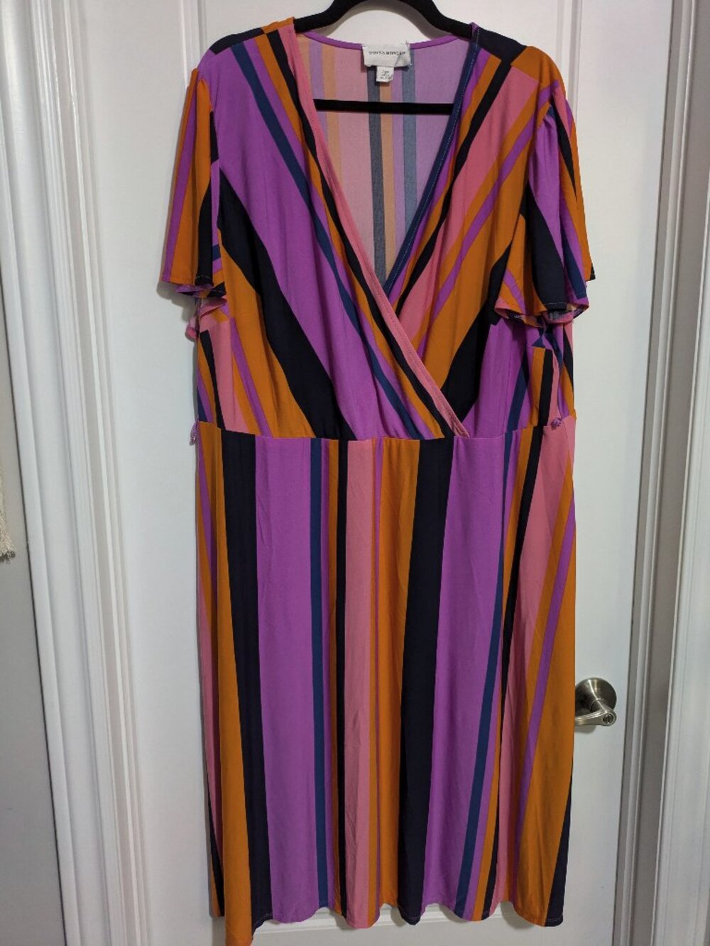 Donna Morgan Plus Short Sleeved Midi Pink/Orange/Navy/Black Striped Dress (22W)